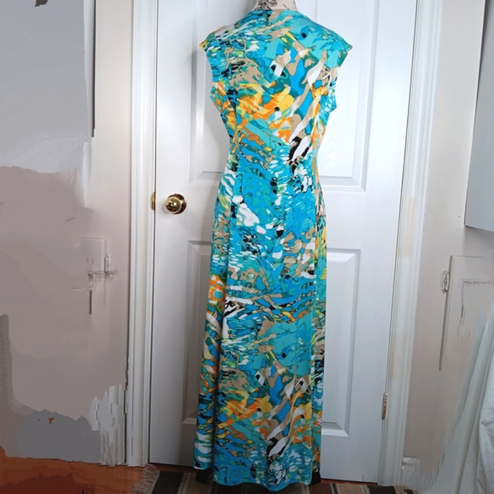 TanJay Sleeveless Ruched Maxi Dress Size 8 Teal Mulyi-Color Summer Party - Picture 9 of 13